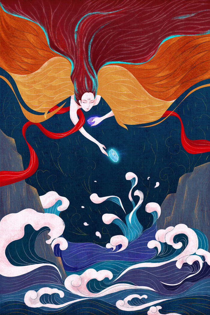 神话精卫填海手绘插画35455315px300dpipsd模版下载