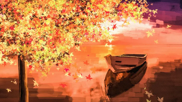 秋天梦幻海边枫树美景
