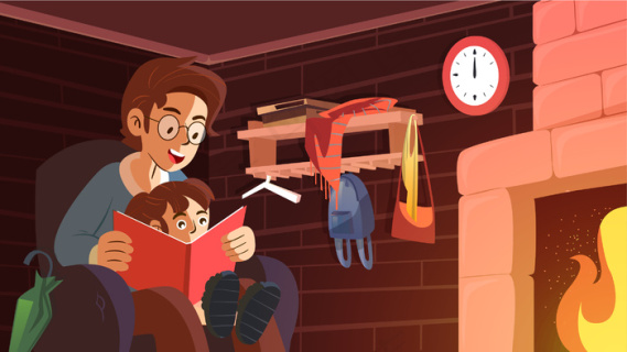 卡通圣诞节爸爸给孩子讲故事温馨家庭插画