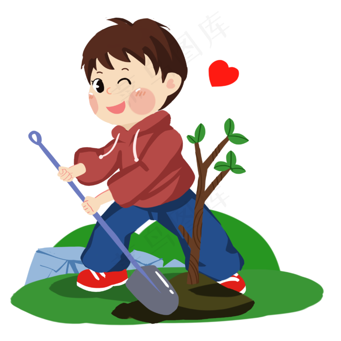 植树节可爱男孩铁锹挖土种树手绘3000x3000dpi300psd模版下载