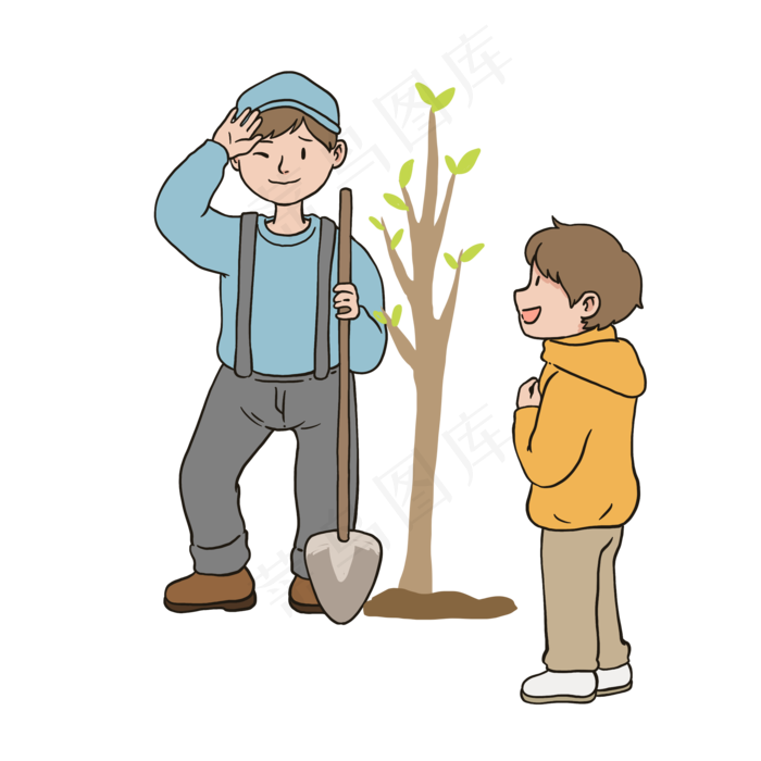 植树节学生种树手绘插画免抠元素2000x2000dpi300psd模版下载