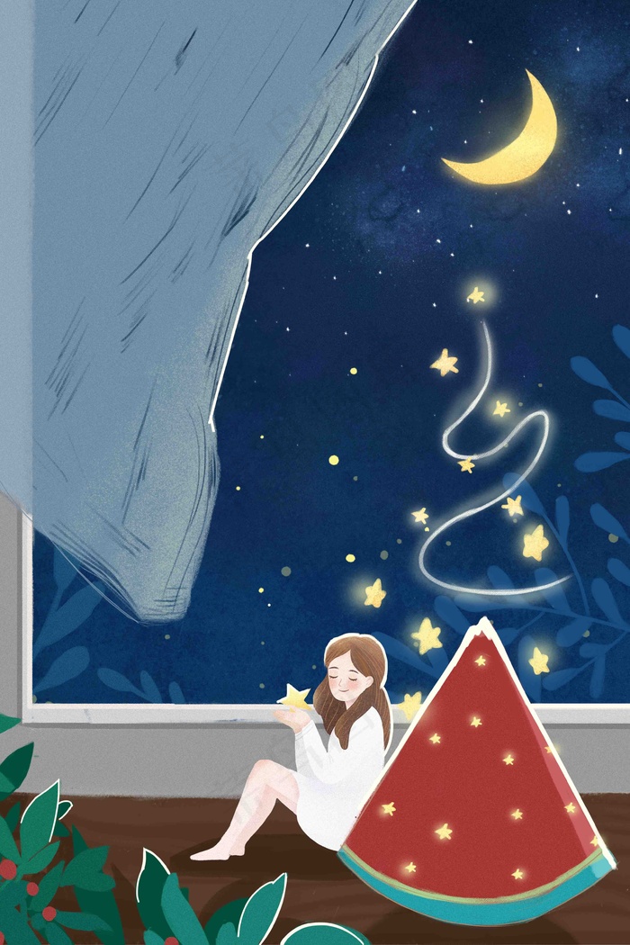 本素材作品名称为夏天夏夜清新唯美清凉少女手绘风格插画(3545*5315px