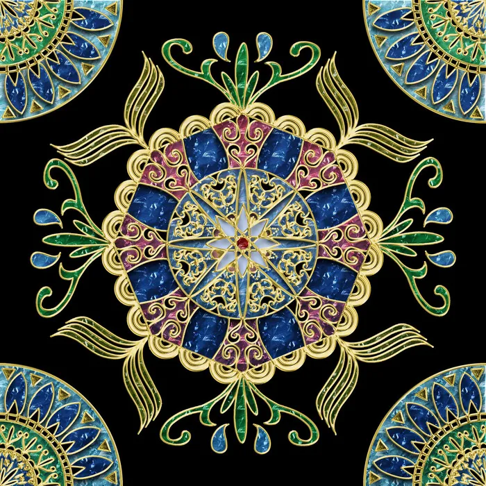 欧式华丽抽象花卉纹样蓝绿红金撞色珐琅色装饰挂画