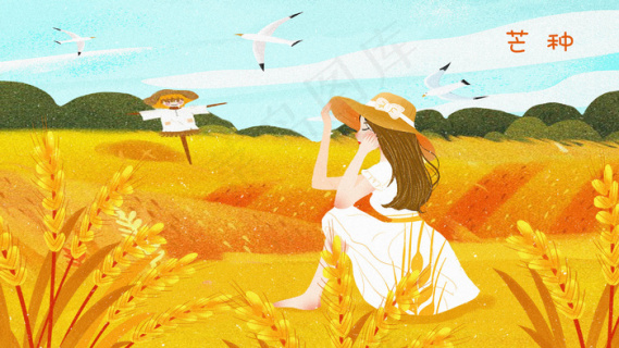 芒种丰收少女麦穗稻草人愉快手绘风格插画