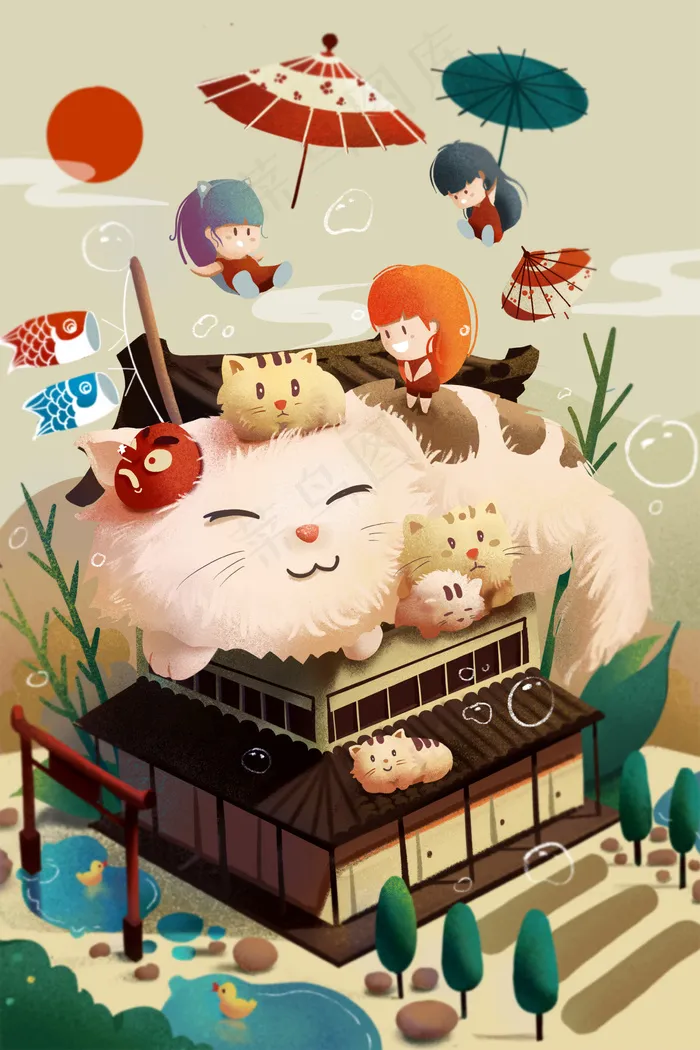 宠物场景小猫猫与可爱小女生日式小清新插图