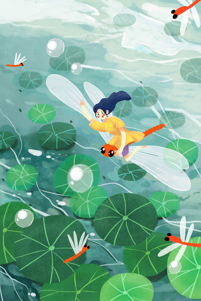 夏天立夏夏日初夏夏至大暑少女荷叶荷花插画35455315px300dpipsd模版