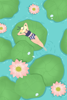 卡通手绘大暑节气荷花池与鱼嬉戏的女童插画28801620px300dpi