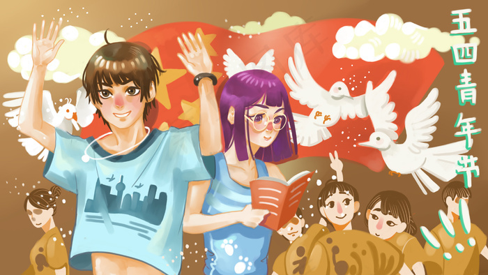 五四青年节男女青年人物插画(2880x1620)