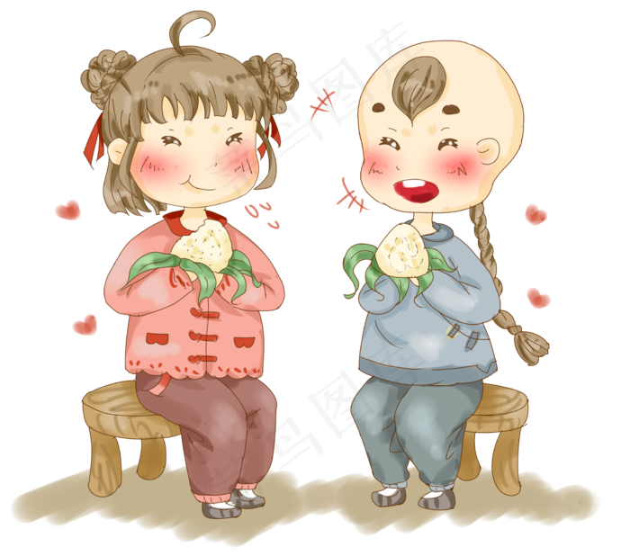 两个小孩开心吃粽子过端午节插画2267x2000dpi300psd模版下载
