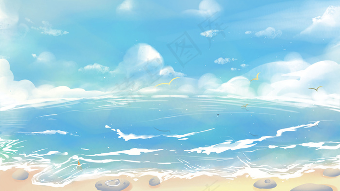 本素材作品名称为唯美开阔海边沙滩海水海洋蓝色风景插画