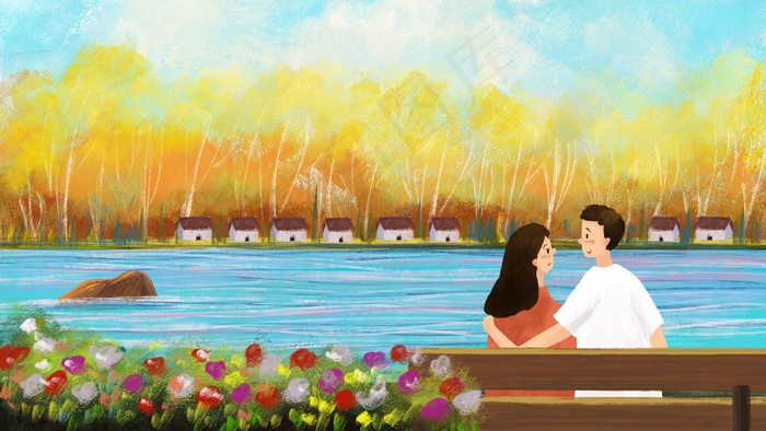 情侣背影温馨一起看风景油画28801620px300dpi