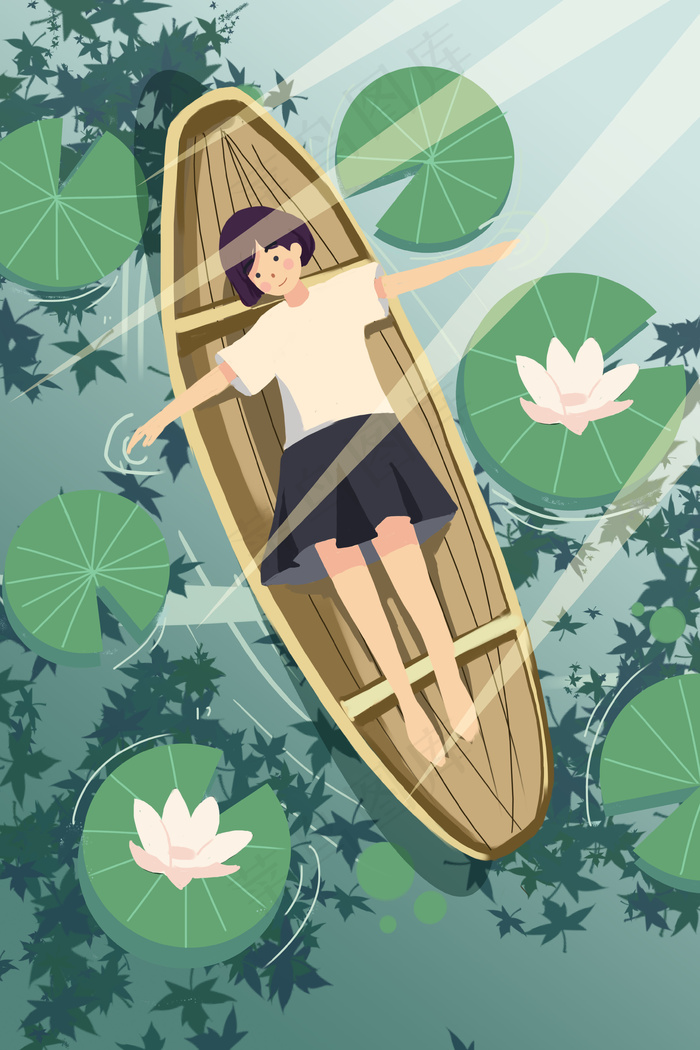 24节气夏日立夏夏天夏季荷叶荷花少女插画(3543x4724(dpi:150))psd