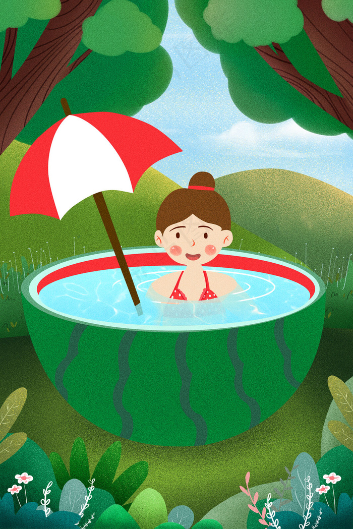 夏季泳池清新凉爽初夏你好夏天插画3543x5312dpi300psd模版下载