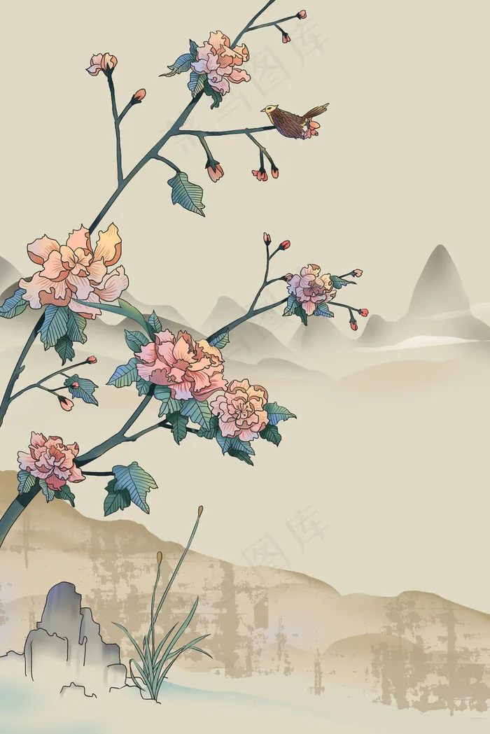 花鸟工笔中国风国风山水卡通复古插画35455315px300dpipsd模版下载