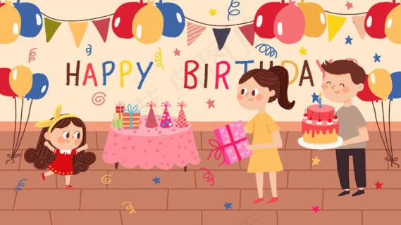 棕色系卡通可爱生日快乐女孩捧着蛋糕配图2880x1620dpi300psd模版下载