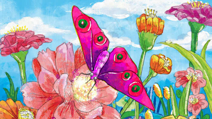 手绘春天美丽的花海蝴蝶