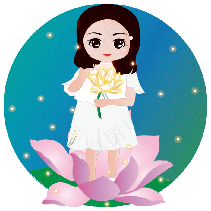 手绘卡通人物花儿与少女手持荷花2000x2000dpi72ai矢量模版下载