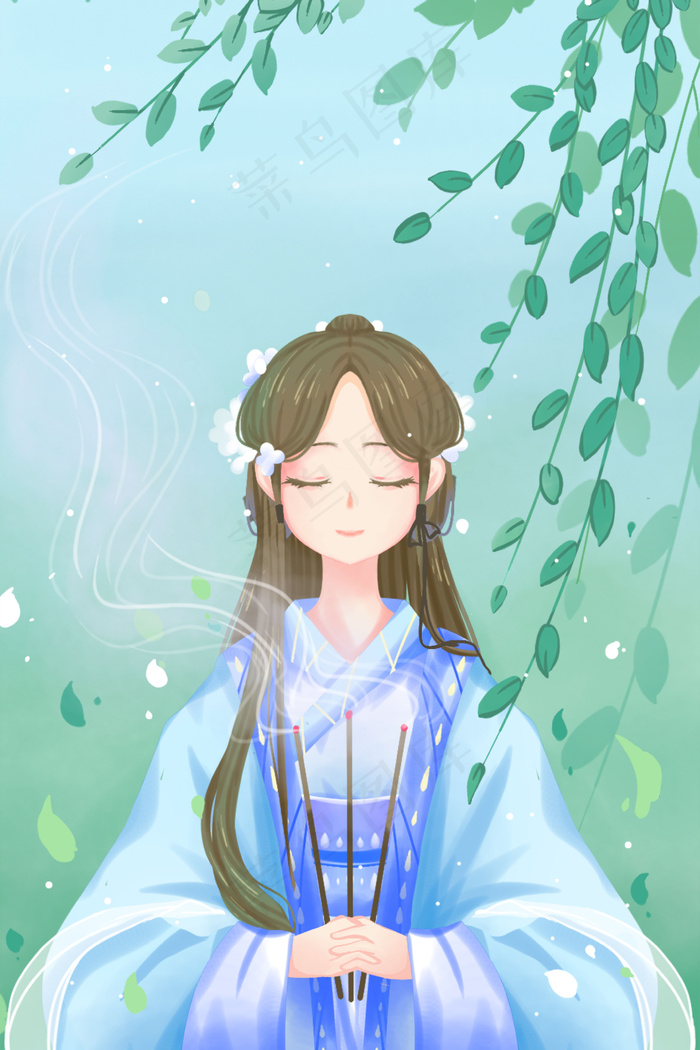 唯美卡通春季清明节上香祈福古风绿色3545x5315dpi300psd模版下载