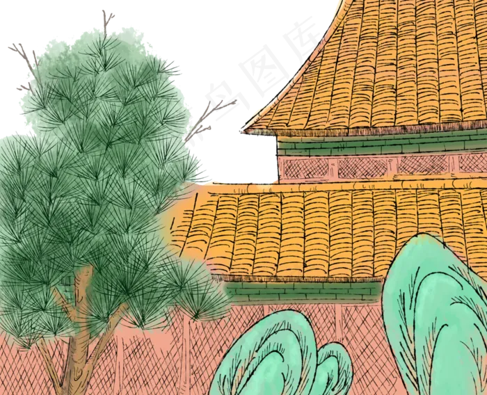 故宫紫禁城红墙绿瓦水墨,免抠元素