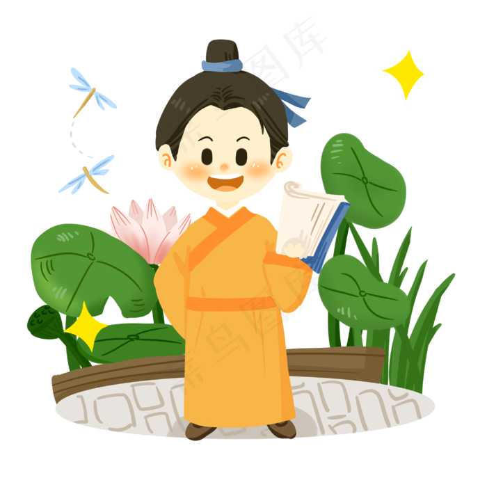 古代书生在荷塘边背书png素材3000x3000dpi300psd模版下载