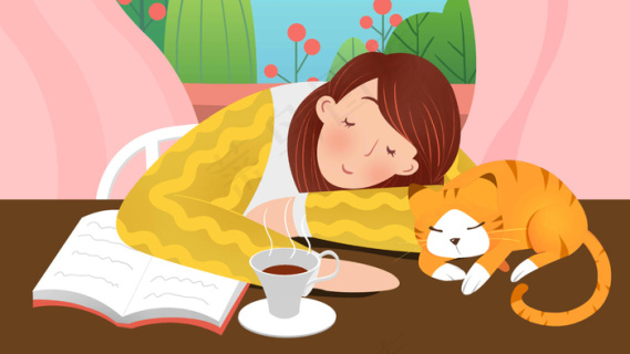 春天卡通可爱春困女孩和猫睡觉配图3545x5315dpi300psd模版下载