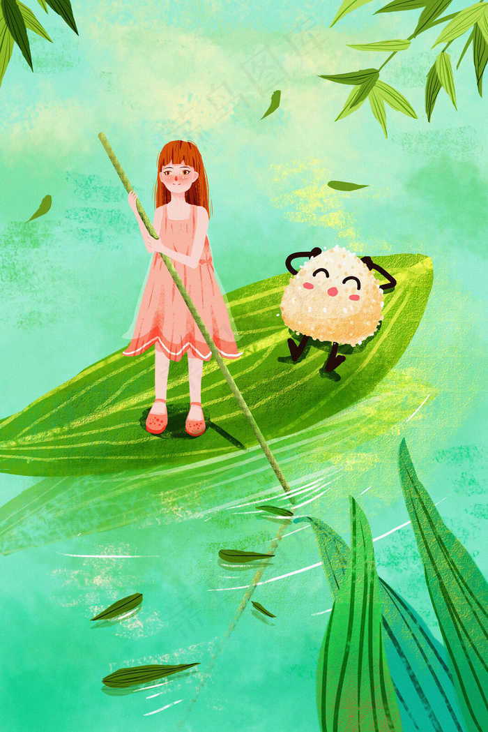 端午节少女划船小湖粽子可爱卡通插画35455315px300dpipsd模版下载