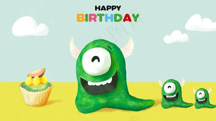 Q版卡通小怪兽带宝宝吃生日蛋糕