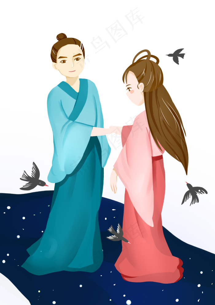 七夕牛郎织女鹊桥会插画免抠元素24803508px300dpipsd模版下载