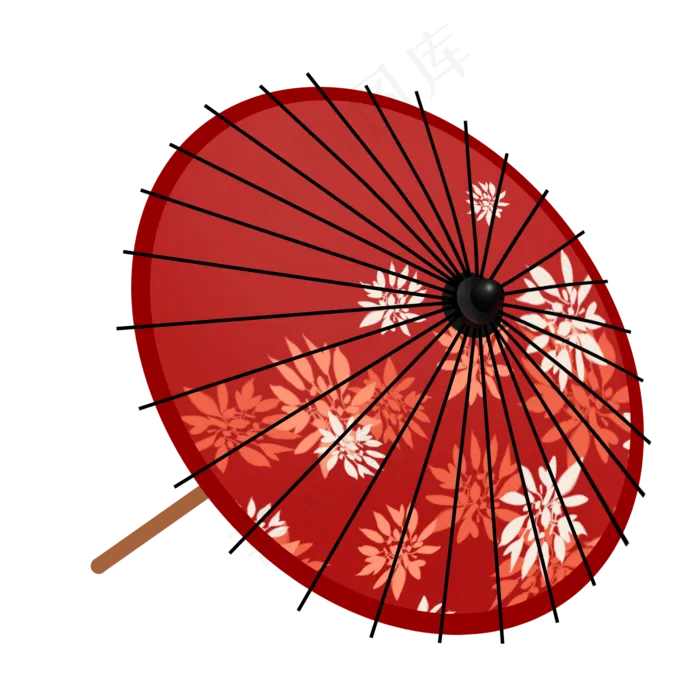 红色花纹古代雨伞,免抠元素