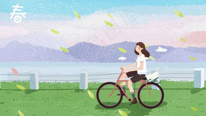 春天出门踏青旅游骑自行车旅行女孩
