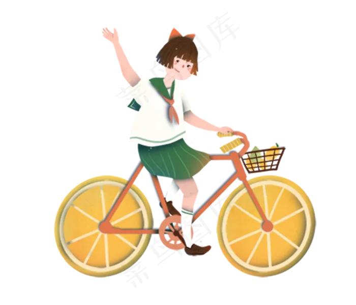 橙色小清新女孩骑柠檬单车创意水