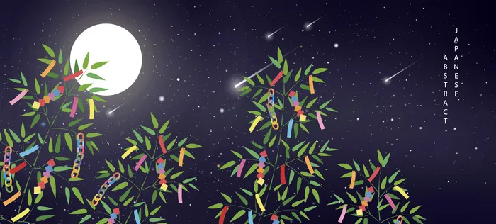 夏夜星空流星月亮和竹枝上装饰着五颜六色的彩带和标签