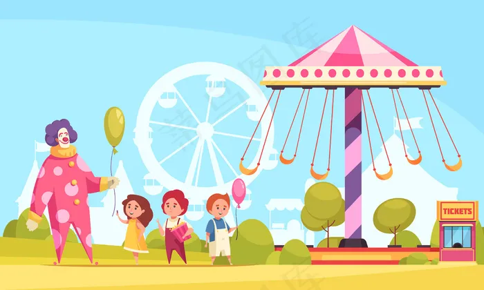 游乐场卡通背景，小丑在旋转木马附近向孩子们分发气球