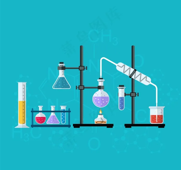 化学实验室工作区和科学设备概念。化学背景、横幅banner、封面。科学、教育、化学、实验、实验室概念。平面设计中的矢量图