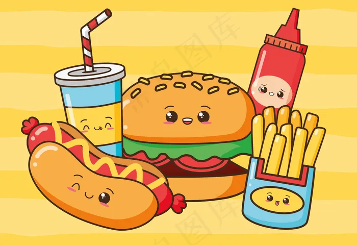 Kawaii快餐可爱的快餐热狗，汉堡，薯条，饮料，番茄酱插图