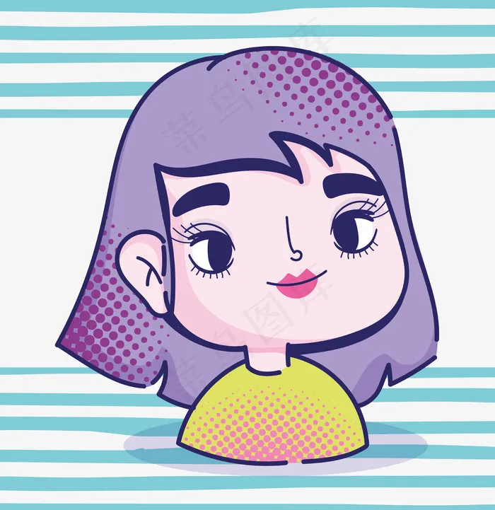 波普艺术卡通女孩紫色头发半色调漫画条纹背景