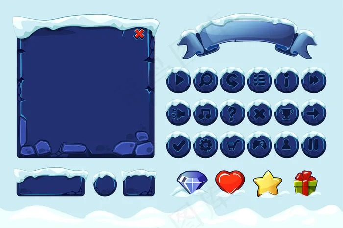 冬季游戏ui石头按钮与雪。为ui游戏设置石头资源、界面、图标和按钮。