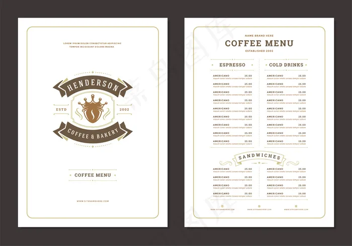 咖啡菜单设计模板宣传单,DM传单咖啡店标志咖啡豆与皇冠标志。