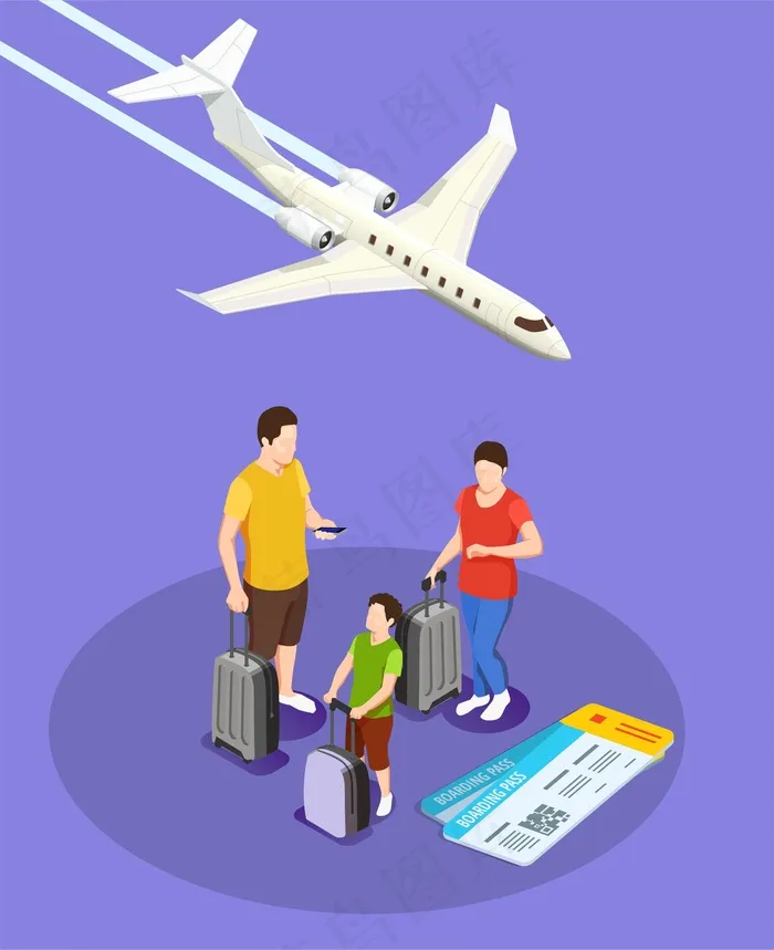 旅行的人带着行李和登机牌等轴测构图，飞机在紫罗兰色上