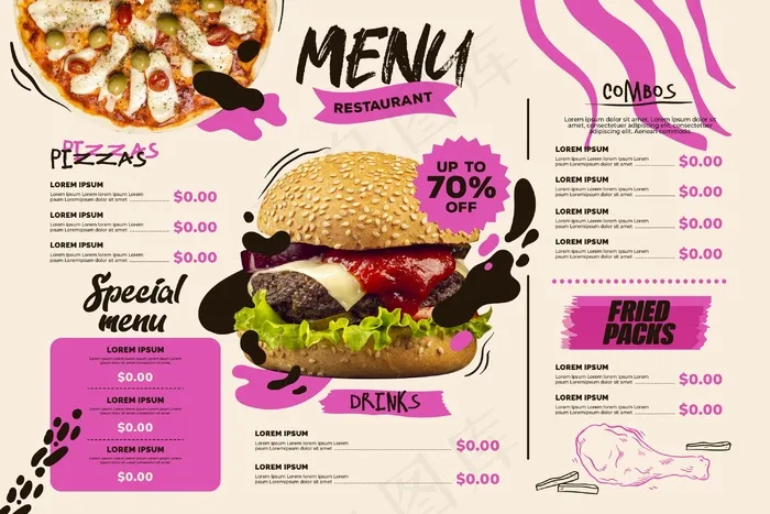 带披萨和汉堡的数字餐厅菜单水平格式模板