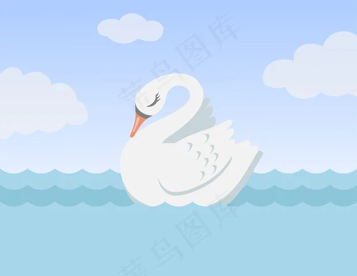 美丽的白天鹅独自游泳卡通插图。海或湖上美丽的鸟象征着爱