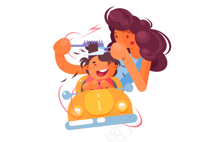 儿童理发师和快乐的小男孩坐在玩具橙色汽车里格式: eps理发店logo