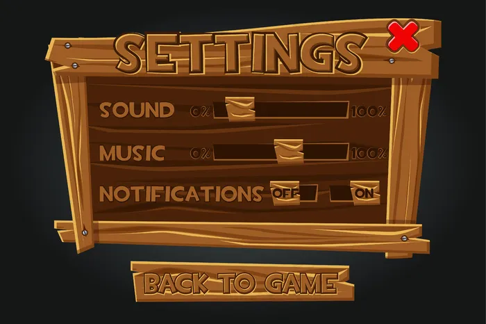 木制游戏用户界面，设置窗口。旧板上播放声音、通知、音乐的设置。