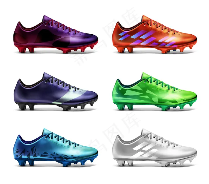 印有不同颜色图案的足球鞋：白色、绿色、红色、蓝色、紫色和紫色。白色背景上隔离的六只足球靴