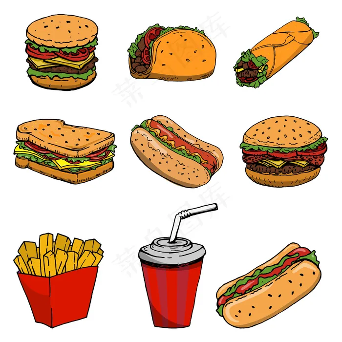 热狗，汉堡，玉米卷，三明治，卷饼。白色背景的快餐图标。标志、标签、徽章、标志、品牌标志的要素。