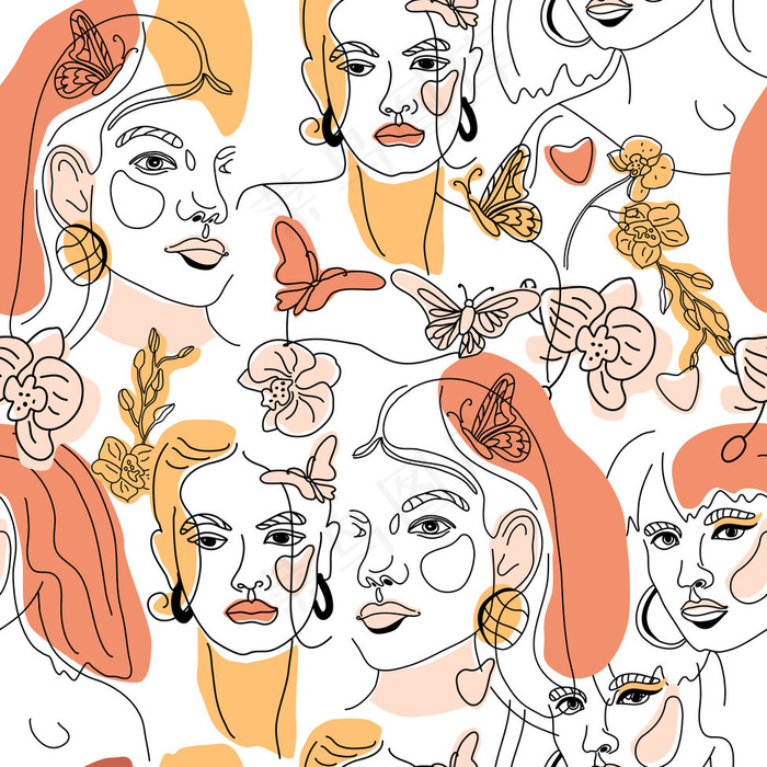 无缝图案的女性脸部线条风格ol线条画当代几何图形的抽象色彩拼贴女性