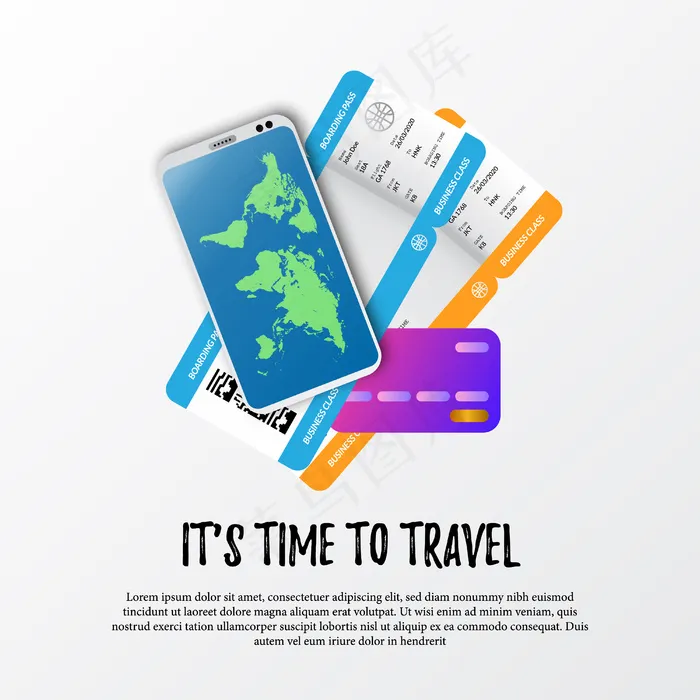 是时候旅行了。登机牌、机票、带世界地图的智能手机和用于支付的信用卡的插图