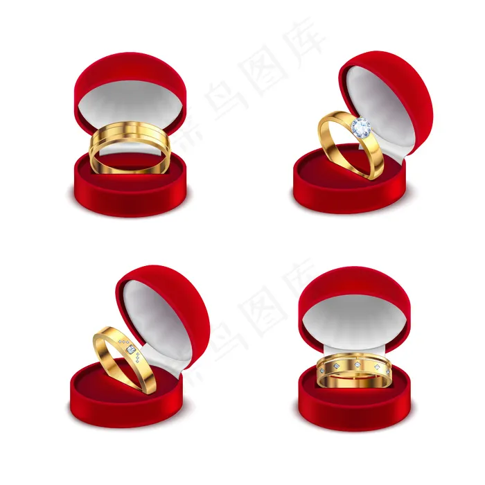 婚礼订婚金戒指在打开的红色首饰盒中4套真实的白色背景插图