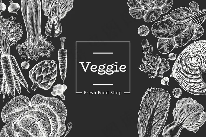 素描素描蔬菜图案。有机新鲜食品。复古蔬菜。粉笔板上雕刻风格的植物插图。