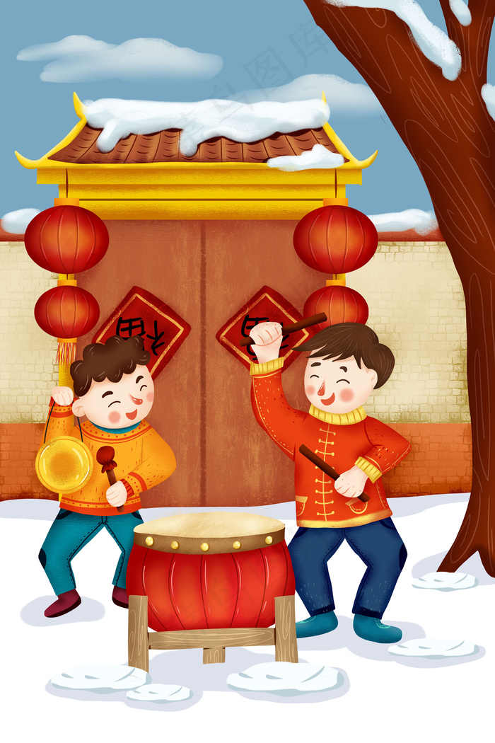 卡通可爱男孩敲锣打鼓过新年春节灯笼插画3543x4724dpi150psd模版下载